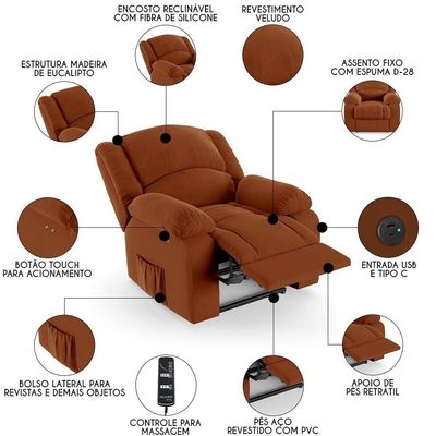Poltrona Do Papai Reclinável Pietra Power Touch Massagem Fh9 Veludo Terracota - Mpozenato