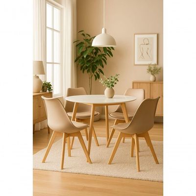 Conjunto Mesa 80cm Branca Mdf Com 4 Cadeiras Estofadas Bege – Perfeita Para Ambientes Modernos