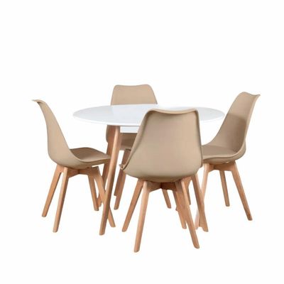 Conjunto Mesa 80cm Branca Mdf Com 4 Cadeiras Estofadas Bege – Perfeita Para Ambientes Modernos