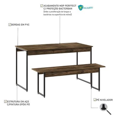 Mesa De Jantar Com 1 Banco Estilo Industrial Tub  Carvalho Dark / Est.preta