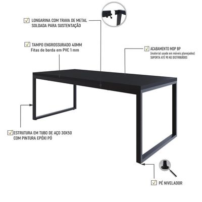 Mesa De Jantar Yon 200 X 90 X 76 Cm Preto Tx/est.preta Preto Tx/est.preta