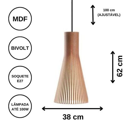 Luminária Teto Tipo Pendente Funil Mdf - Completa Cor: Preta