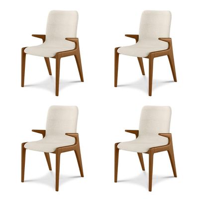 Kit 4 Cadeiras Decorativas Sala de Jantar Madeira Maciça com Braço Pigeon Linho Bege/Mel - Gran Belo