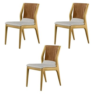 Kit 3 Cadeiras Decorativas Sala de Jantar Madeira Maciça Bruyne PU/Linho Marrom/Bege  - Gran Belo