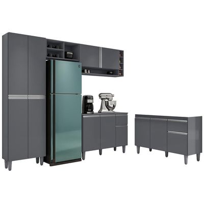 Cozinha Compacta Vanessa E Balcão Gabinete Sem Tampo Tatiane 120cm Cinza - Ajl Móveis