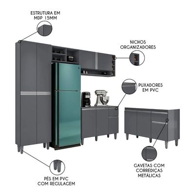 Cozinha Compacta Vanessa E Balcão Gabinete Sem Tampo Tatiane 120cm Cinza - Ajl Móveis