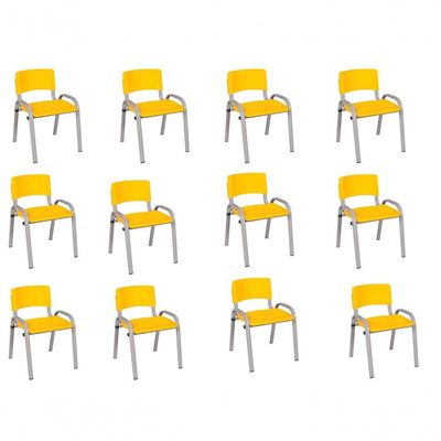 Kit 12 Cadeira Iso Infantil Creche, Escola Base Cinza Amarelo