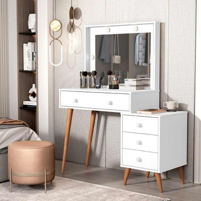 Penteadeira Camarim Com Mesa De Cabeceira Espelho Led 4 Gavetas Pés Em Madeira Branco