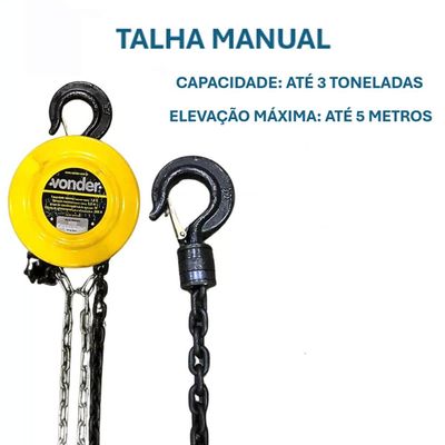Talha Manual Vonder com Corrente e Elevação de até 5 Metros 3 Toneladas Oficina Industrial