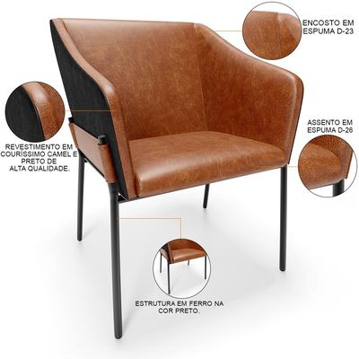 Kit 2 Cadeiras Para Sala de Jantar Estar Living Olívia L02 Couríssimo Camel Preto - Lyam Decor