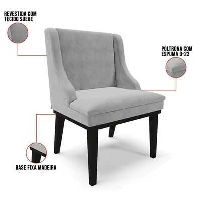 Kit 8 Cadeiras Estofadas Para Sala De Jantar Base Fixa De Madeira Preto Lia Suede Cinza - Ibiza