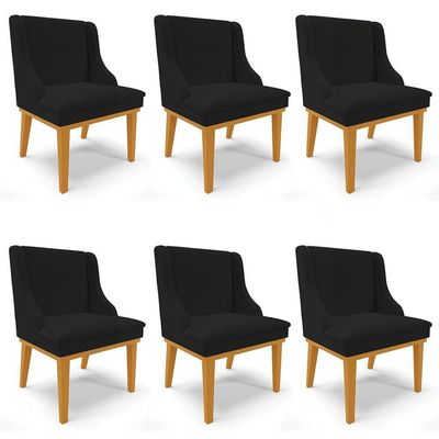 Kit 6 Cadeiras Estofadas Para Sala De Jantar Base Fixa De Madeira Castanho Lia Linho Preto - Ibiza