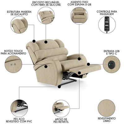Poltrona Do Papai Reclinável Kalie Power Touch Massagem Fh9 Linho Bege - Mpozenato