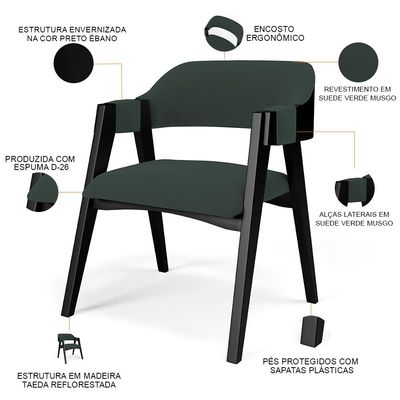 Kit 4 Cadeiras Sala de Jantar Estar Living Estofada Suran L02 Preto Suede Verde Musgo - Lyam Decor