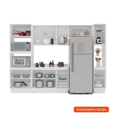 Cozinha Completa com Tampo, Rodapé e Paneleiro Amara 10 Portas 4 Gavetas Creme e Branca