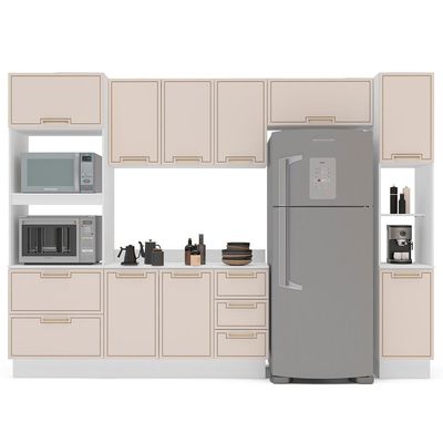 Cozinha Completa com Tampo, Rodapé e Paneleiro Amara 10 Portas 4 Gavetas Creme e Branca