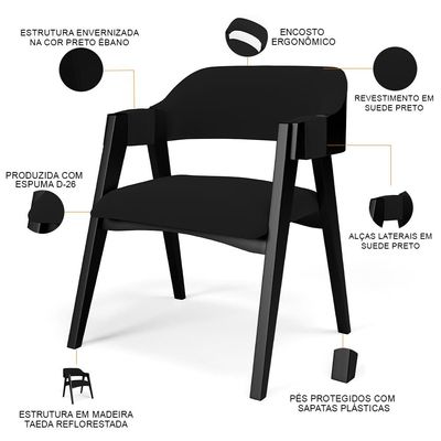 Kit 4 Cadeiras Sala de Jantar Estar Living Estofada Suran L02 Preto Suede Preto - Lyam Decor