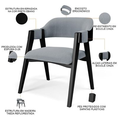 Kit 4 Cadeiras Sala de Jantar Estar Living Estofada Suran L02 Preto Bouclê Cinza - Lyam Decor