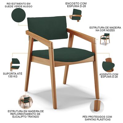 Kit 02 Cadeiras Para Sala de Jantar Estar Living Giorgia B04 Suede Verde Musgo - Lyam Decor