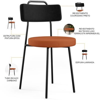 Kit 08 Cadeiras Estofada Para Sala De Jantar Barcelona L02 Couríssimo Preto Tecido Terracota - Lyam
