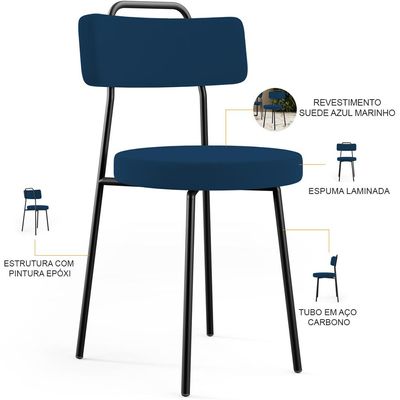 Kit 08 Cadeiras Decorativas Estofada Sala De Jantar Barcelona L02 Suede Azul Marinho - Lyam Decor
