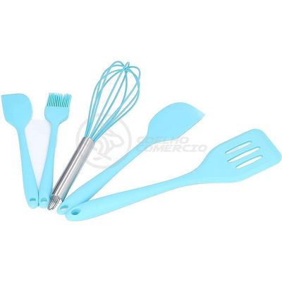 Kit De Cozinha 5 Utensílios De Silicone Resistente A Altas Temperaturas Conjunto Completo Azul