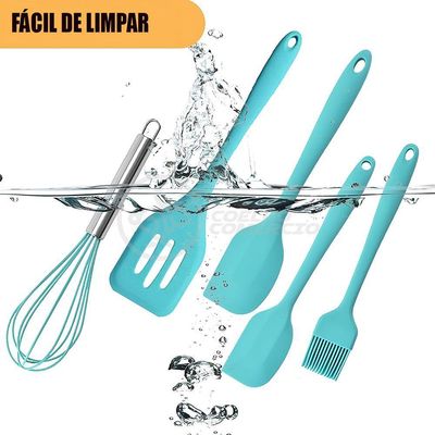 Kit De Cozinha 5 Utensílios De Silicone Resistente A Altas Temperaturas Conjunto Completo Azul