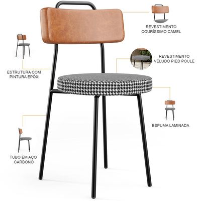 Kit 04 Cadeiras Decorativas Estofada Sala Jantar Barcelona L02 Couríssimo Camel Pied Poule - Lyam