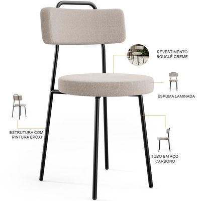 Kit 04 Cadeiras Decorativas Estofada Para Sala De Jantar Barcelona L02 Bouclê Creme - Lyam Decor