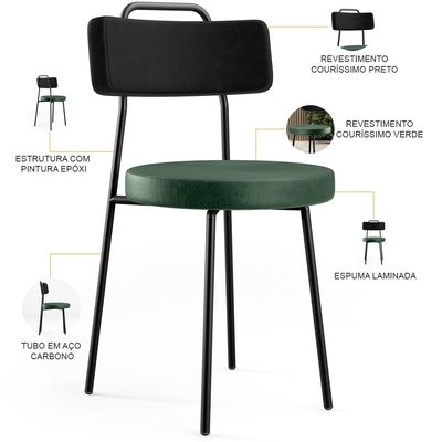 Kit 04 Cadeira Estofada Para Sala Jantar Barcelona L02 Couríssimo Preto Facto Verde Musgo - Lyam