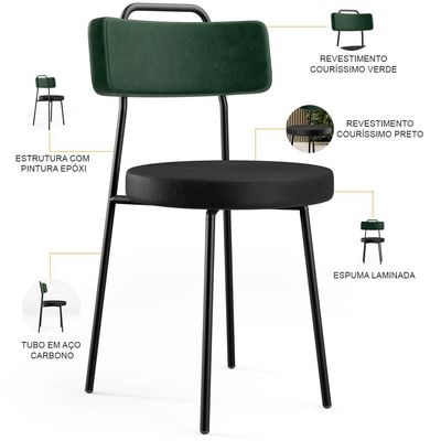 Kit 02 Cadeiras Estofada Para Sala Jantar Barcelona L02 Facto Verde Musgo Couríssimo Preto - Lyam