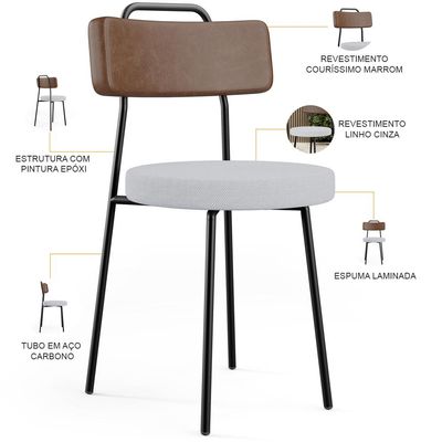 Kit 02 Cadeiras Estofada Para Sala De Jantar Barcelona L02 Couríssimo Marrom Linho Cinza - Lyam