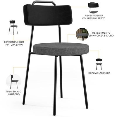 Kit 02 Cadeiras Estofada Sala De Jantar Barcelona L02 Couríssimo Preto Linho Cinza Escuro - Lyam