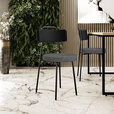 Kit 02 Cadeiras Estofada Sala De Jantar Barcelona L02 Couríssimo Preto Linho Cinza Escuro - Lyam