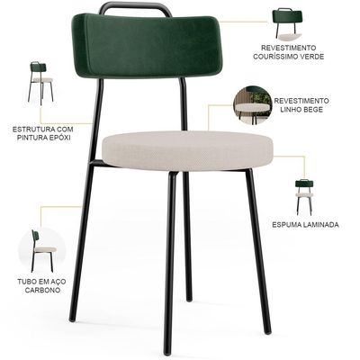 Kit 02 Cadeiras Decorativa Estofada Sala Jantar Barcelona L02 Facto Verde Musgo Linho Bege - Lyam