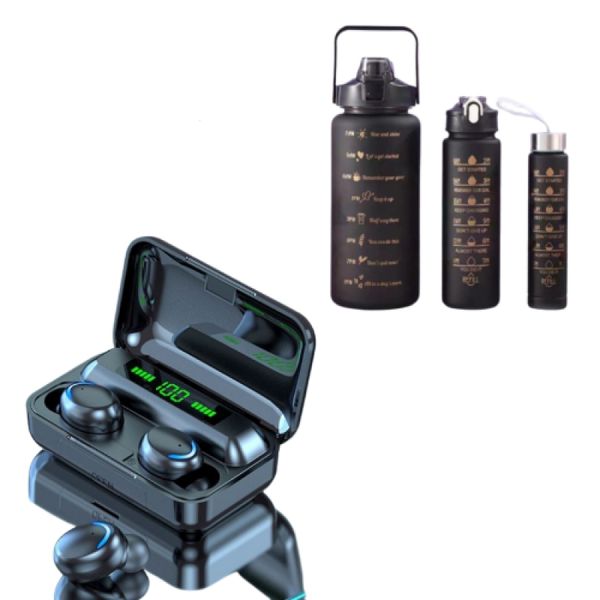 Kit Garrafa Motivacional Squeeze + Fone de Ouvido F9-5 TWS