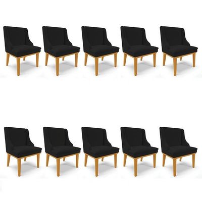 Kit 10 Cadeiras Estofadas Para Sala De Jantar Base Fixa De Madeira Castanho Lia Linho Preto - Ibiza