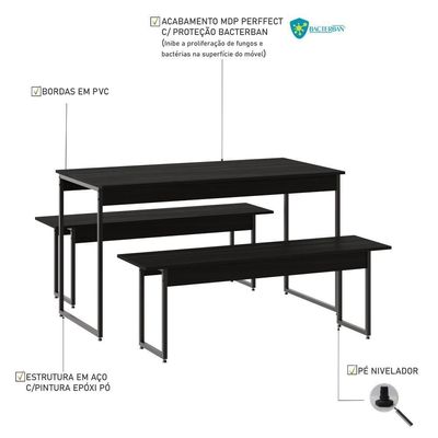 Mesa De Jantar Com 2 Bancos Estilo Industrial Tub  Preto ônix / Est.preta
