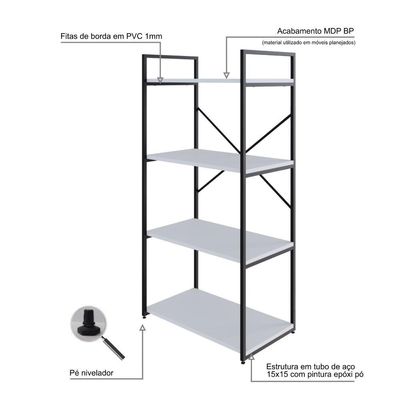 Estante C/04 Prateleiras 118x60x33cm Yon Branco Tx/est.preta Branco Tx/est.preta