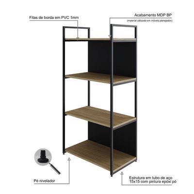 Estante C/04 Prateleiras 118x60x33cm C/fundo Yon Vermont Oak/est.preta Vermont Oak/est.preta