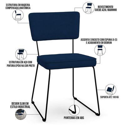 Kit 02 Cadeiras Decorativas Para Sala De Jantar Allana L02 Suede Azul Marinho - Lyam Decor