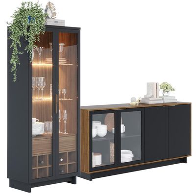 Kit Para Sala de Jantar Buffet Áustria C04 com Cristaleira Malibu Preto Noce Milano - Lyam Decor