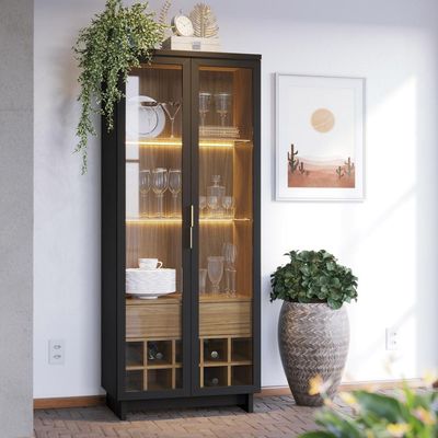 Kit Para Sala de Jantar Buffet Áustria C04 com Cristaleira Malibu Preto Noce Milano - Lyam Decor