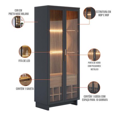 Kit Para Sala de Jantar Buffet Áustria C04 com Cristaleira Malibu Preto Noce Milano - Lyam Decor