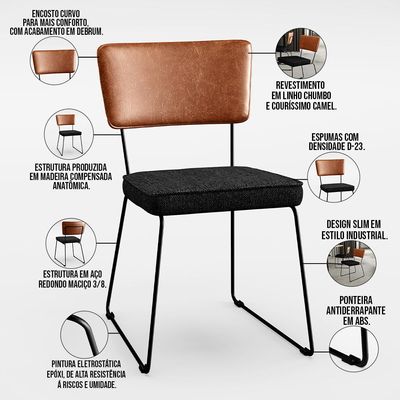Kit 02 Cadeiras Decorativas Sala Jantar Allana L02 Couríssimo Camel Linho Chumbo - Lyam Decor