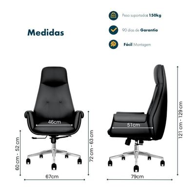 Cadeira De Escritório Presidente Prestige Preta Com Assento Espuma Laminada D28 Base Giratória Aço Cromado Preto