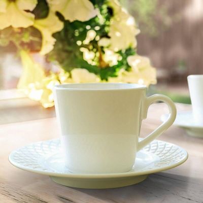 Conjunto Xícara e Pires Café 70ml Porcelana Decorada Tramontina Ingrid Branca