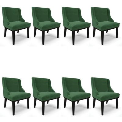 Kit 8 Cadeiras Estofadas Para Sala De Jantar Base Fixa De Madeira Preto Lia Veludo Verde - Ibiza
