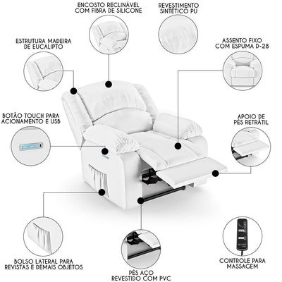 Poltrona Do Papai Reclinável Pietra Elétrica Led Massagem Fh9 Pu Branco - Mpozenato