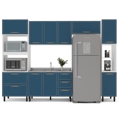 Cozinha Compacta Sem Tampo com Paneleiro Amara 10 Portas 4 Gavetas Azul e Branca